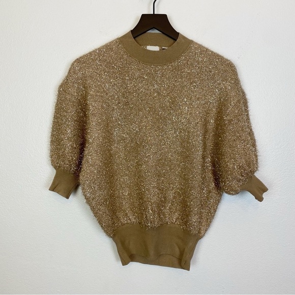 Anthropologie Maeve Violette Short-Sleeve Tinsel Sweater in Honey - Picture 3 of 6